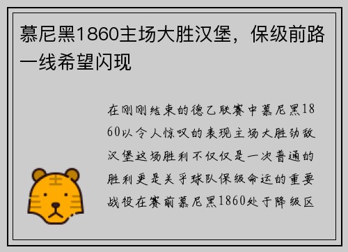 慕尼黑1860主场大胜汉堡，保级前路一线希望闪现