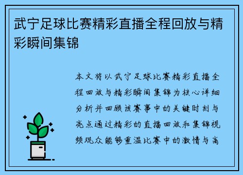 武宁足球比赛精彩直播全程回放与精彩瞬间集锦
